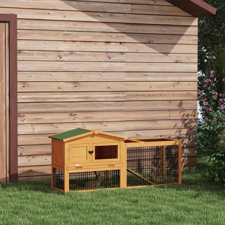 Northio  Clapier à lapin 2 niveaux, clapier en bois de sapin, résistant à l'hiver, maison à deux étages avec enclos extérieur, rampe, 150 x 52 x 68 cm, cage à lapin, clapier extérieur pour petits animaux pour lièvres, lapins, cobayes, jaune Aosom 