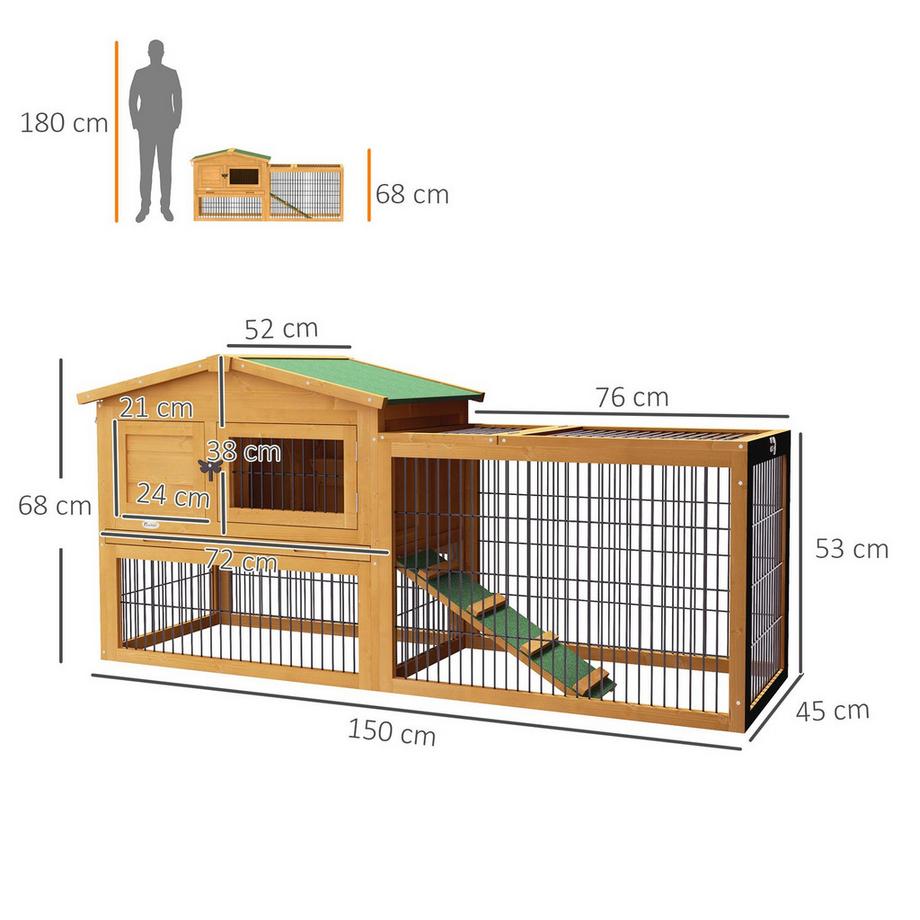 Northio  Clapier à lapin 2 niveaux, clapier en bois de sapin, résistant à l'hiver, maison à deux étages avec enclos extérieur, rampe, 150 x 52 x 68 cm, cage à lapin, clapier extérieur pour petits animaux pour lièvres, lapins, cobayes, jaune Aosom 