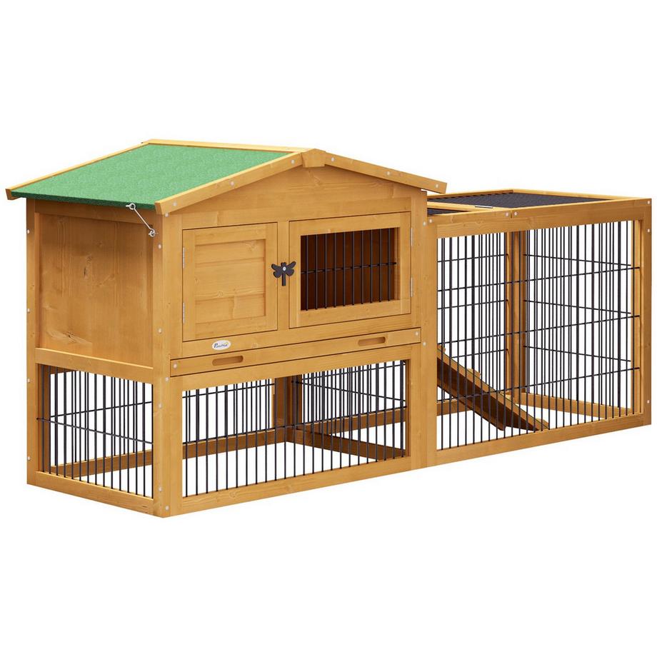 Northio  Clapier à lapin 2 niveaux, clapier en bois de sapin, résistant à l'hiver, maison à deux étages avec enclos extérieur, rampe, 150 x 52 x 68 cm, cage à lapin, clapier extérieur pour petits animaux pour lièvres, lapins, cobayes, jaune Aosom 