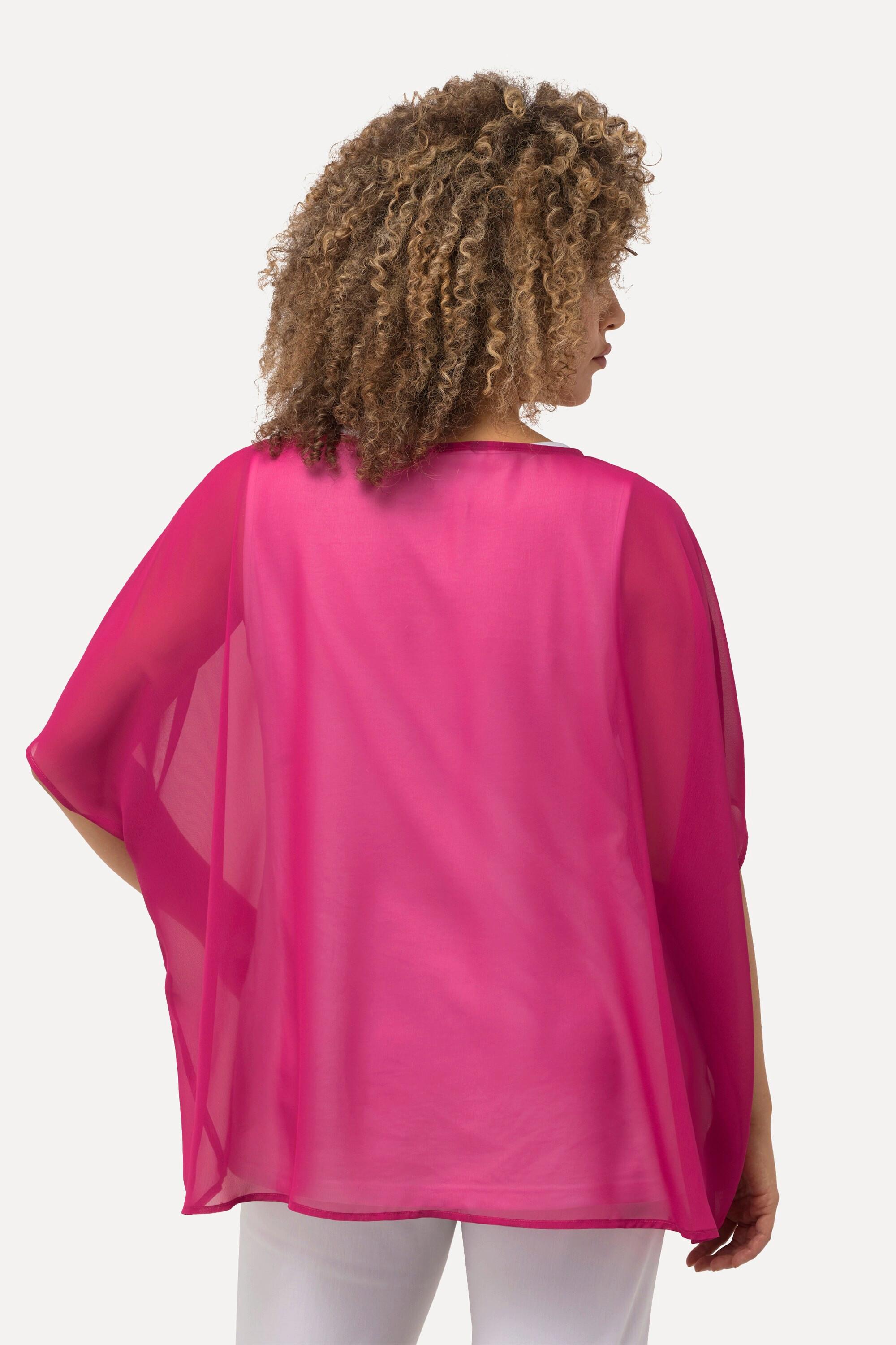 Ulla Popken  Blouse oversized en mousseline. Col rond et manches courtes 