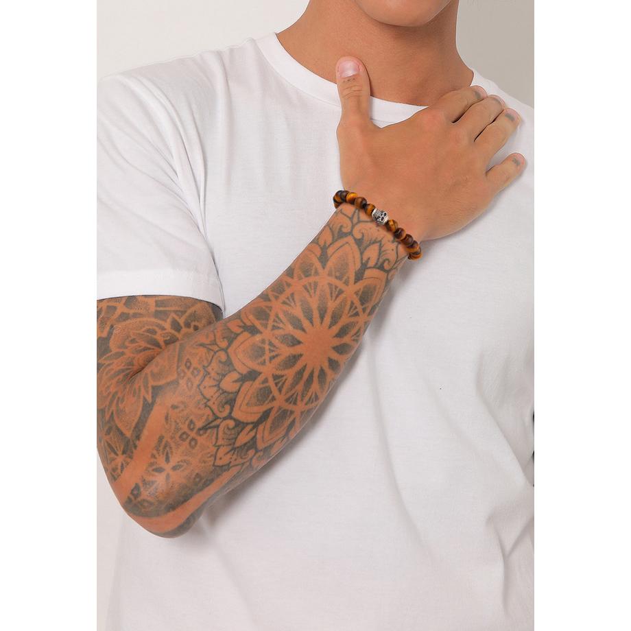 Kuzzoi  Bracelet Herren Totenkopf Tigerauge Beads 925 Silber 