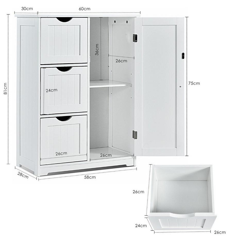 Northix Mobile da bagno con 3 cassetti 60 x 30 x 81 cm bianco  