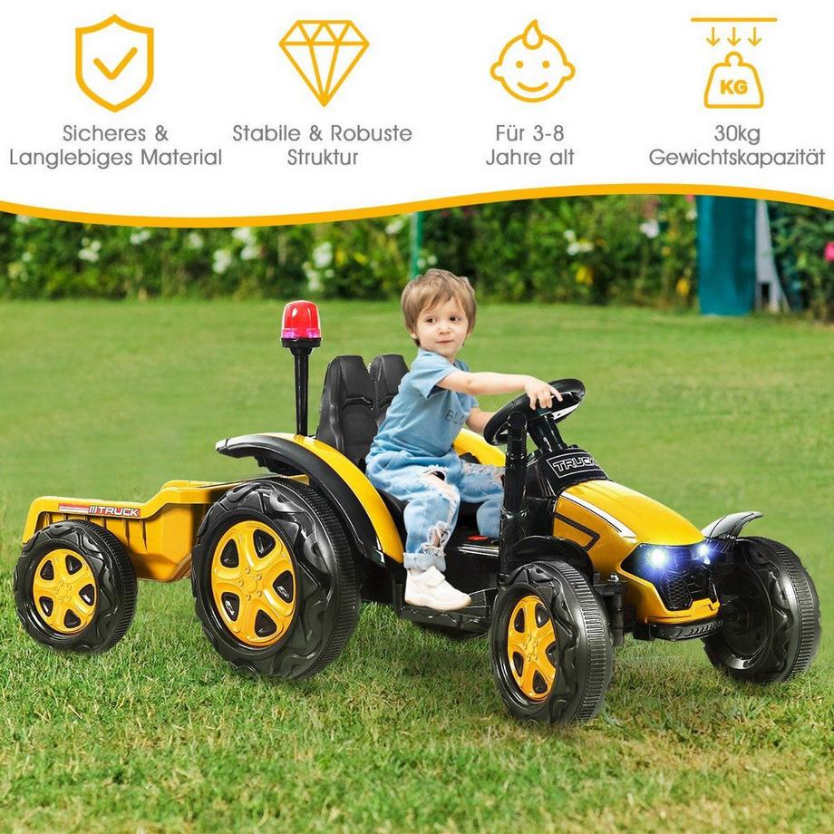 Northio  2V Traktor mit 2,4G Fernbedienung & abnehmbarem Anhänger für Kinder 3-8 J. Gelb 