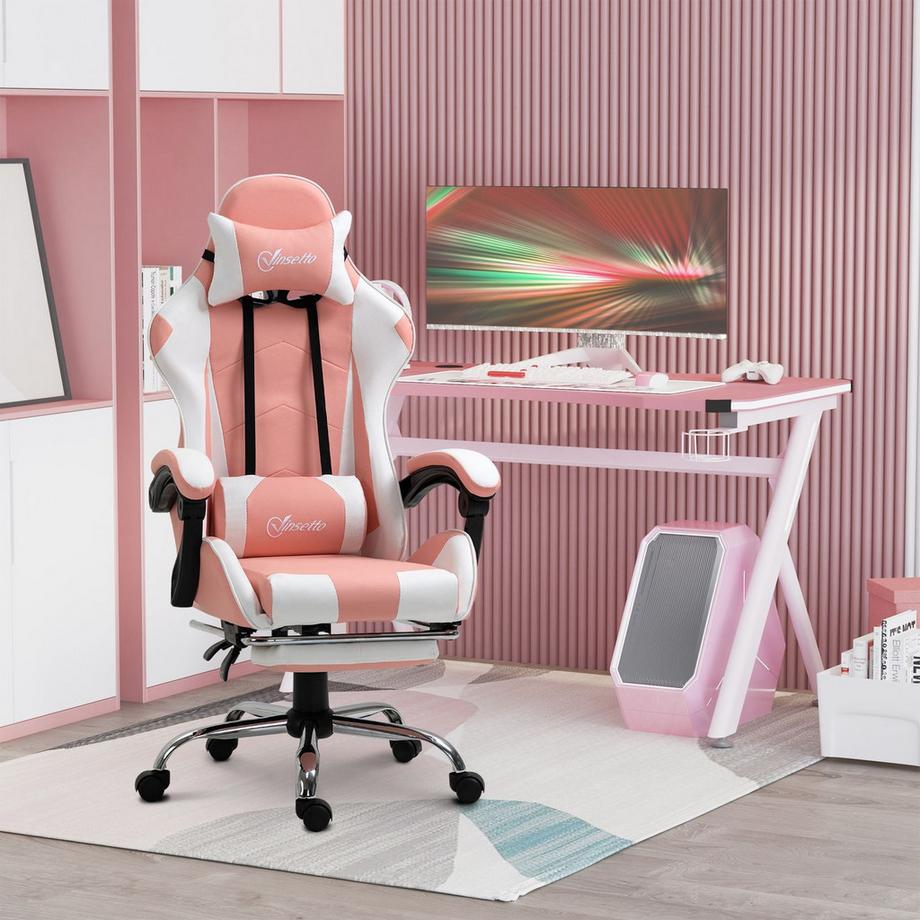 Northio Gamingstuhl Computerstuhl Ergonomischer Bürostuhl Mit Kopfstütze Lendenkissen Höhenverstellbar 360°Drehbar Rosa+Weiß  