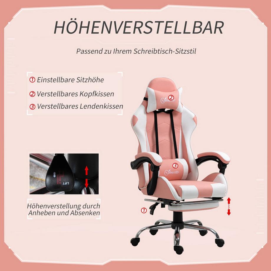 Northio Gamingstuhl Computerstuhl Ergonomischer Bürostuhl Mit Kopfstütze Lendenkissen Höhenverstellbar 360°Drehbar Rosa+Weiß  