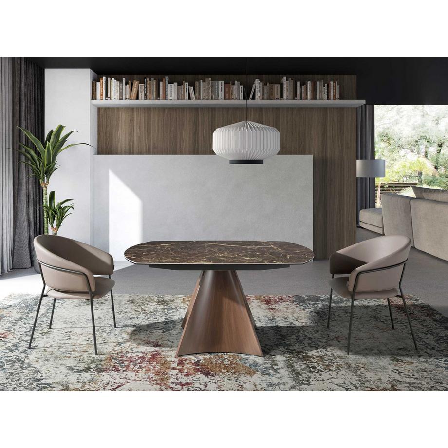 ANGEL CERDA Ausziehbarer Esstisch ovales Fass porzellanmarmor aus Stahl in Walnussoptik  