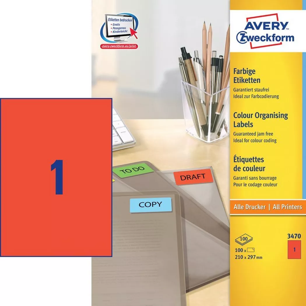 Avery-Zweckform – AVERY ZWECKFORM Etiketten A4, 100 Stück, One Size, Rot Bunt