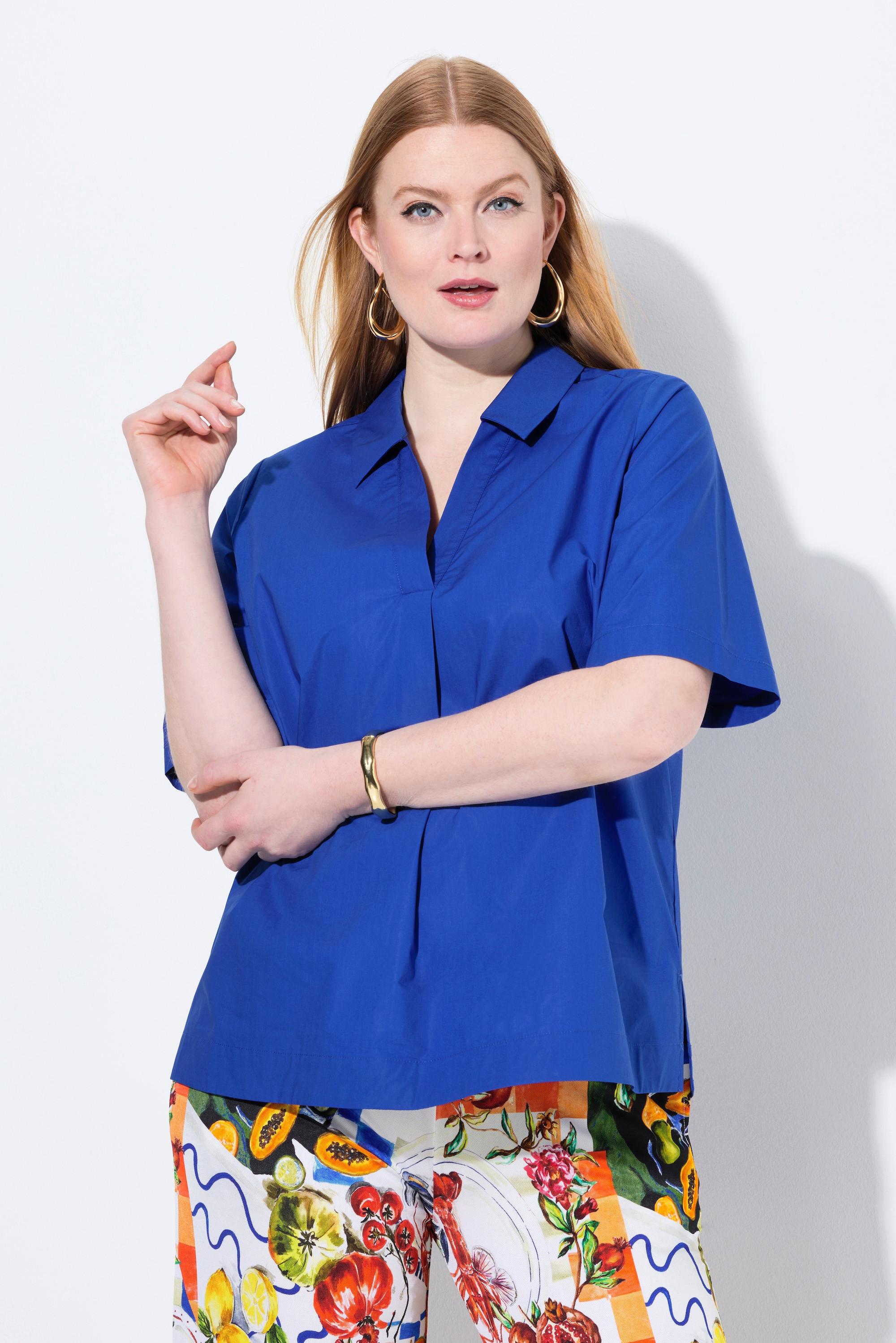 Ulla Popken Blouse Coupe Évasée Pli Fantaisie Col Polo Manches Courtes  