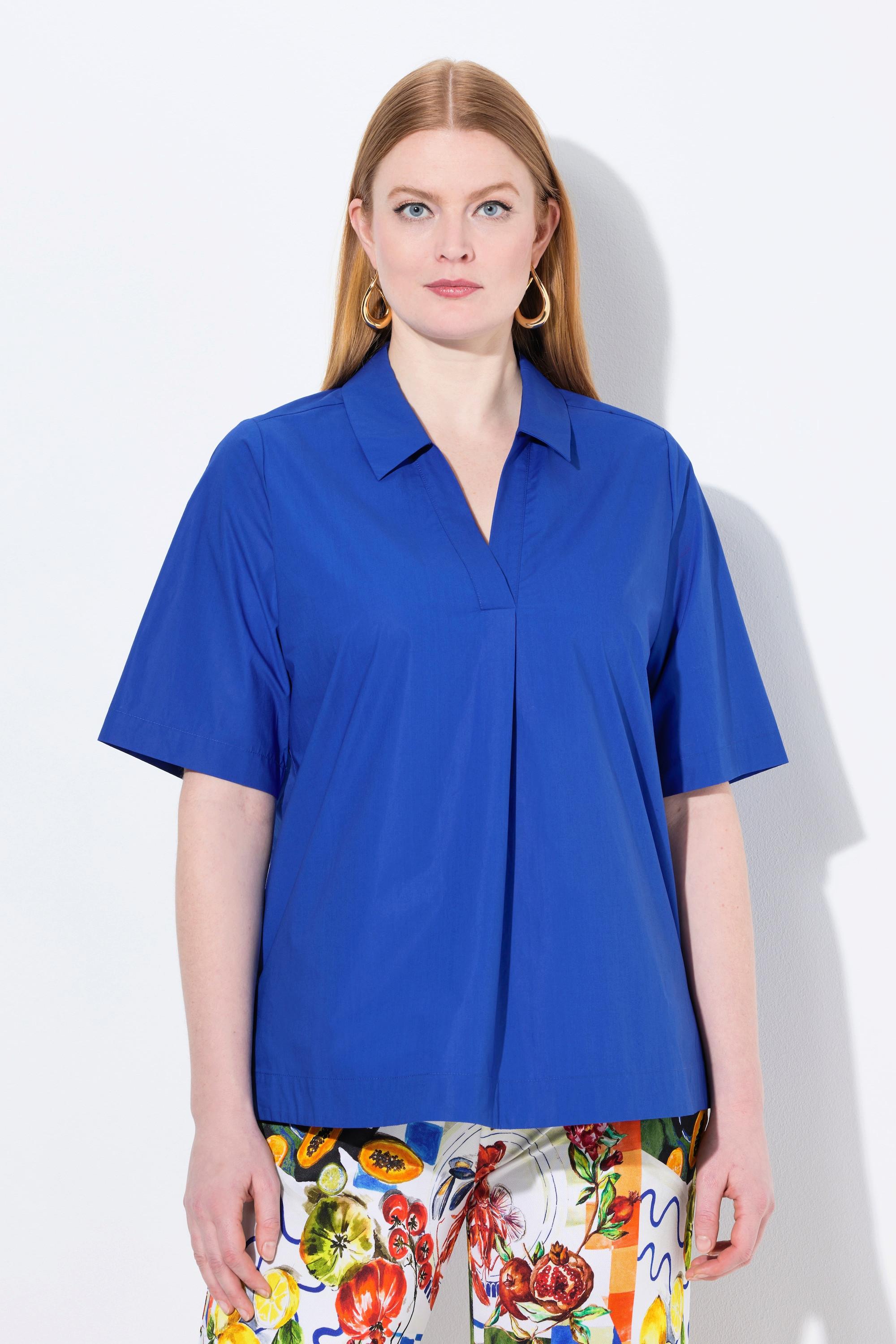 Ulla Popken Blouse Coupe Évasée Pli Fantaisie Col Polo Manches Courtes  