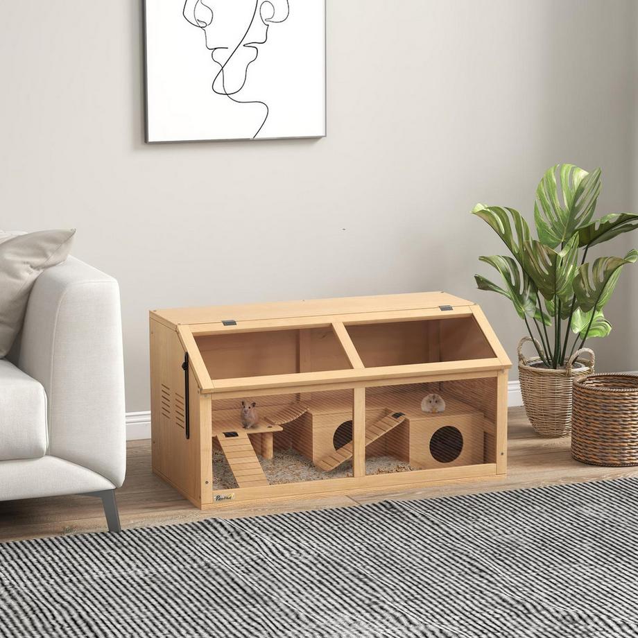 Northio  Kleintierkäfig aus Holz, Kleintierstall mit Hängebrücke, Leitern, Hütte, 84 x 45 x 44 cm Nagerkäfig mit Oberer Tür, für Zwerghamster, Natur 