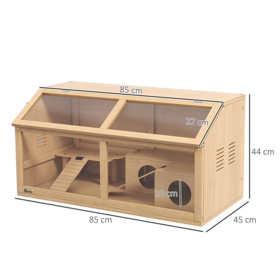 Northio  Kleintierkäfig aus Holz, Kleintierstall mit Hängebrücke, Leitern, Hütte, 84 x 45 x 44 cm Nagerkäfig mit Oberer Tür, für Zwerghamster, Natur 