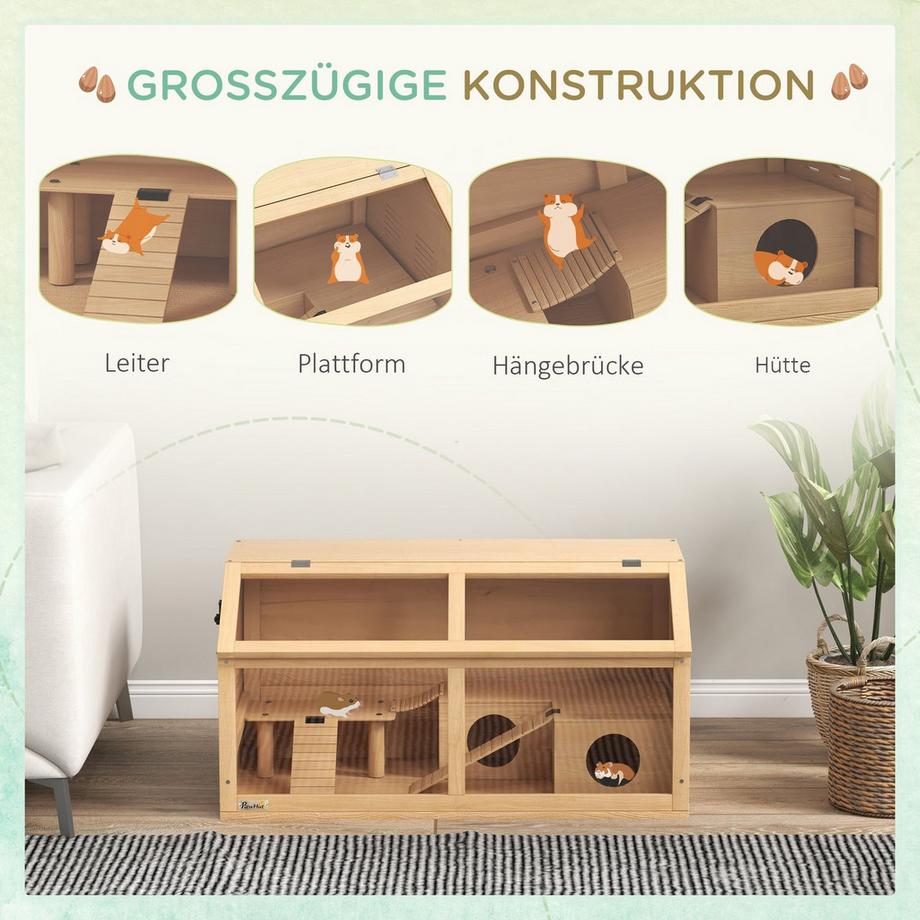 Northio  Kleintierkäfig aus Holz, Kleintierstall mit Hängebrücke, Leitern, Hütte, 84 x 45 x 44 cm Nagerkäfig mit Oberer Tür, für Zwerghamster, Natur 
