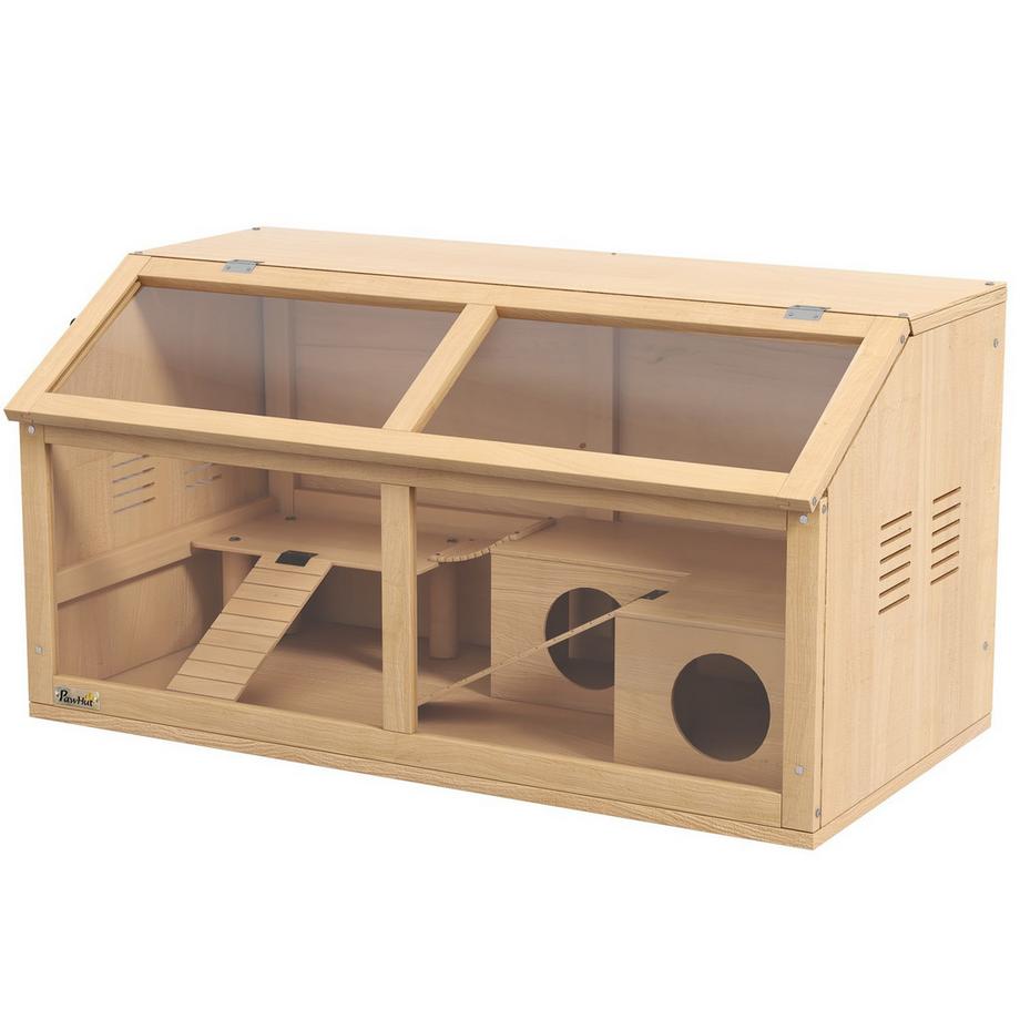 Northio  Kleintierkäfig aus Holz, Kleintierstall mit Hängebrücke, Leitern, Hütte, 84 x 45 x 44 cm Nagerkäfig mit Oberer Tür, für Zwerghamster, Natur 
