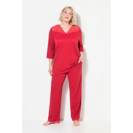 Ulla Popken  Pyjama avec empiècement en dentelle, col en V, manches 3/4 