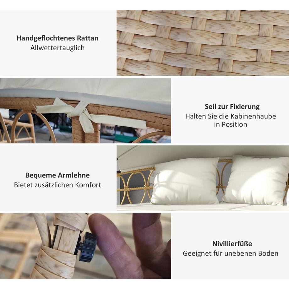 Northio Muschel Gartenmöbel-Set Mit Klappbarem Verdeck & Couchtisch, Zweisitzer, Creme  