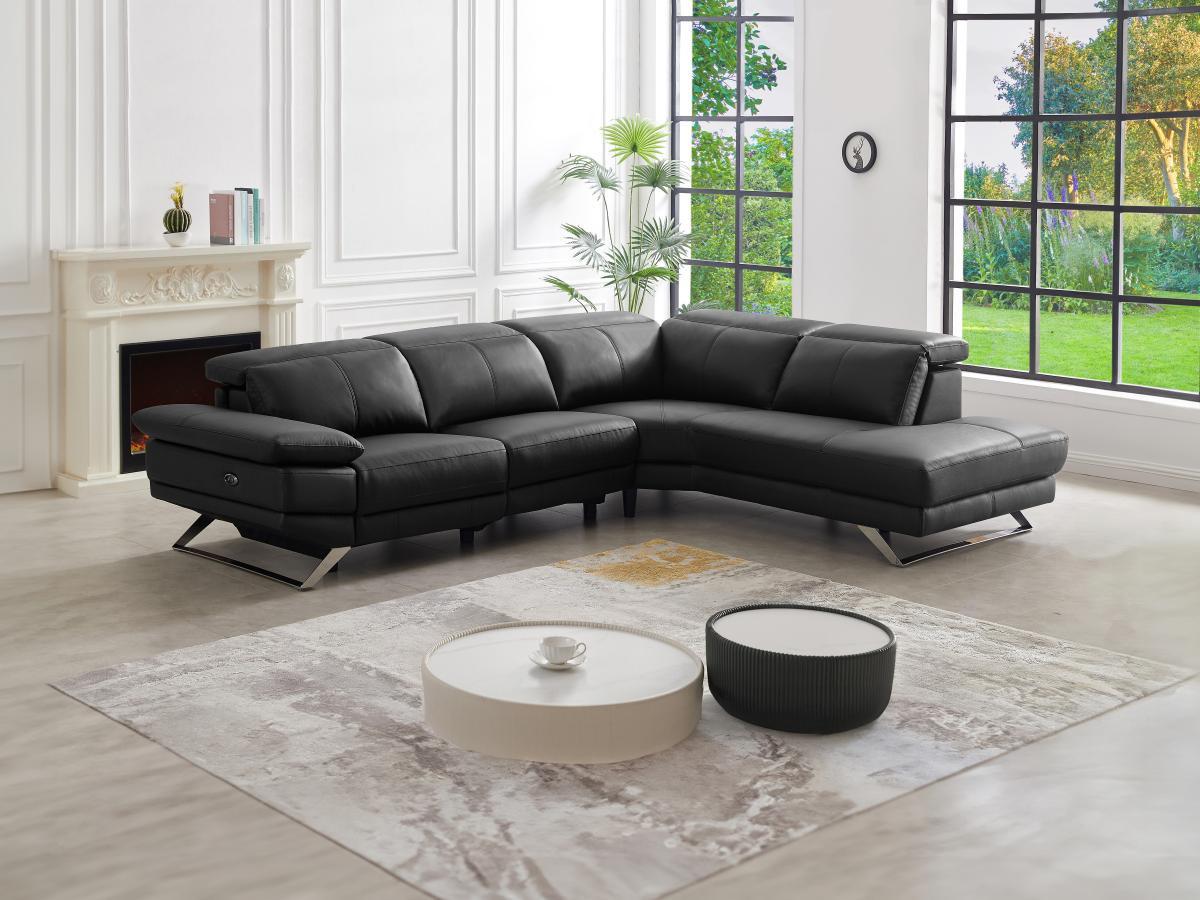 Vente-unique Ecksofa Relaxsofa elektrisch - Ecke rechts - Rindsleder - Schwarz - PUNO II  