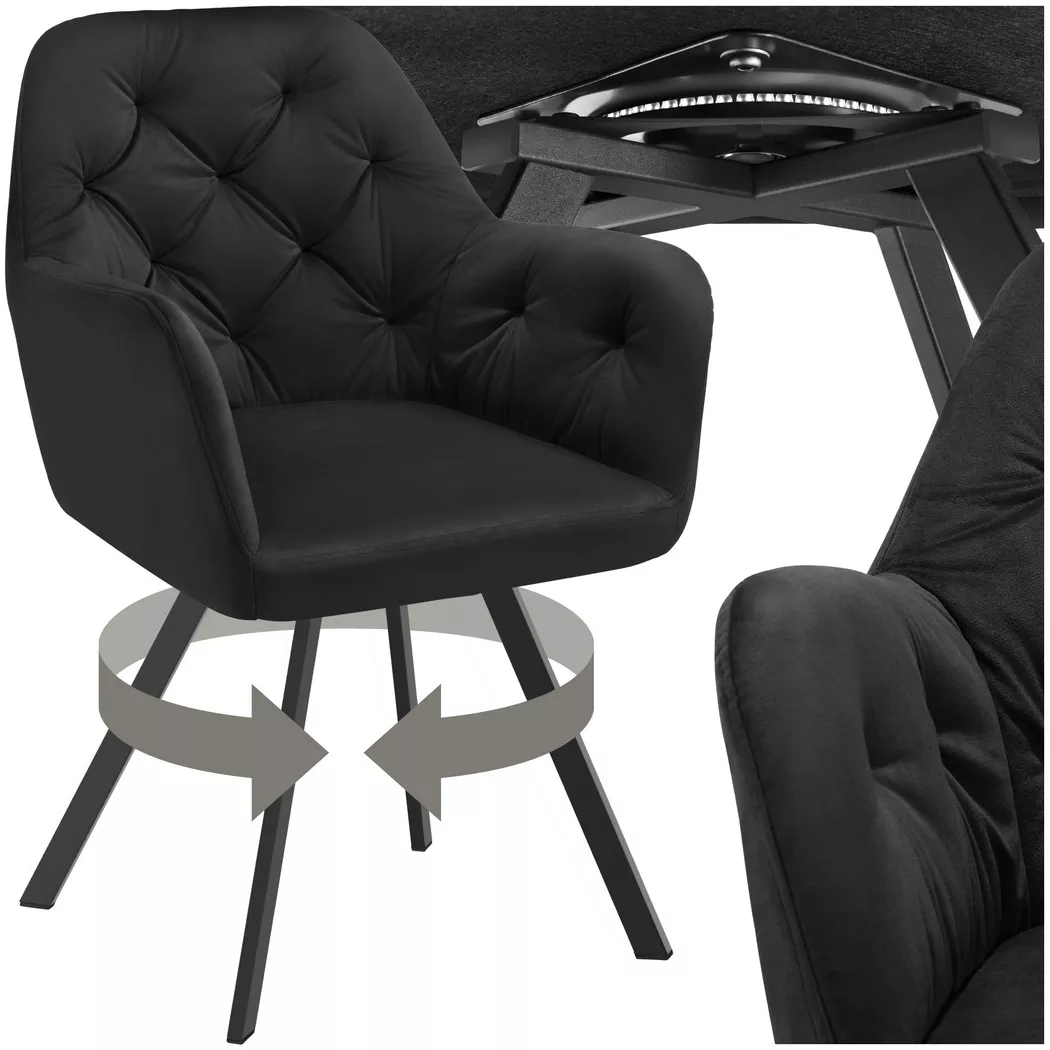 Tectake - Fauteuil pivotant 180° en velours rembourré motif matelassé noir
