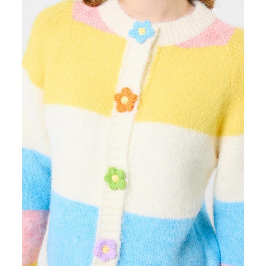 Gestreifte Strickjacke mit Blumenmotiv und Druckknöpfen