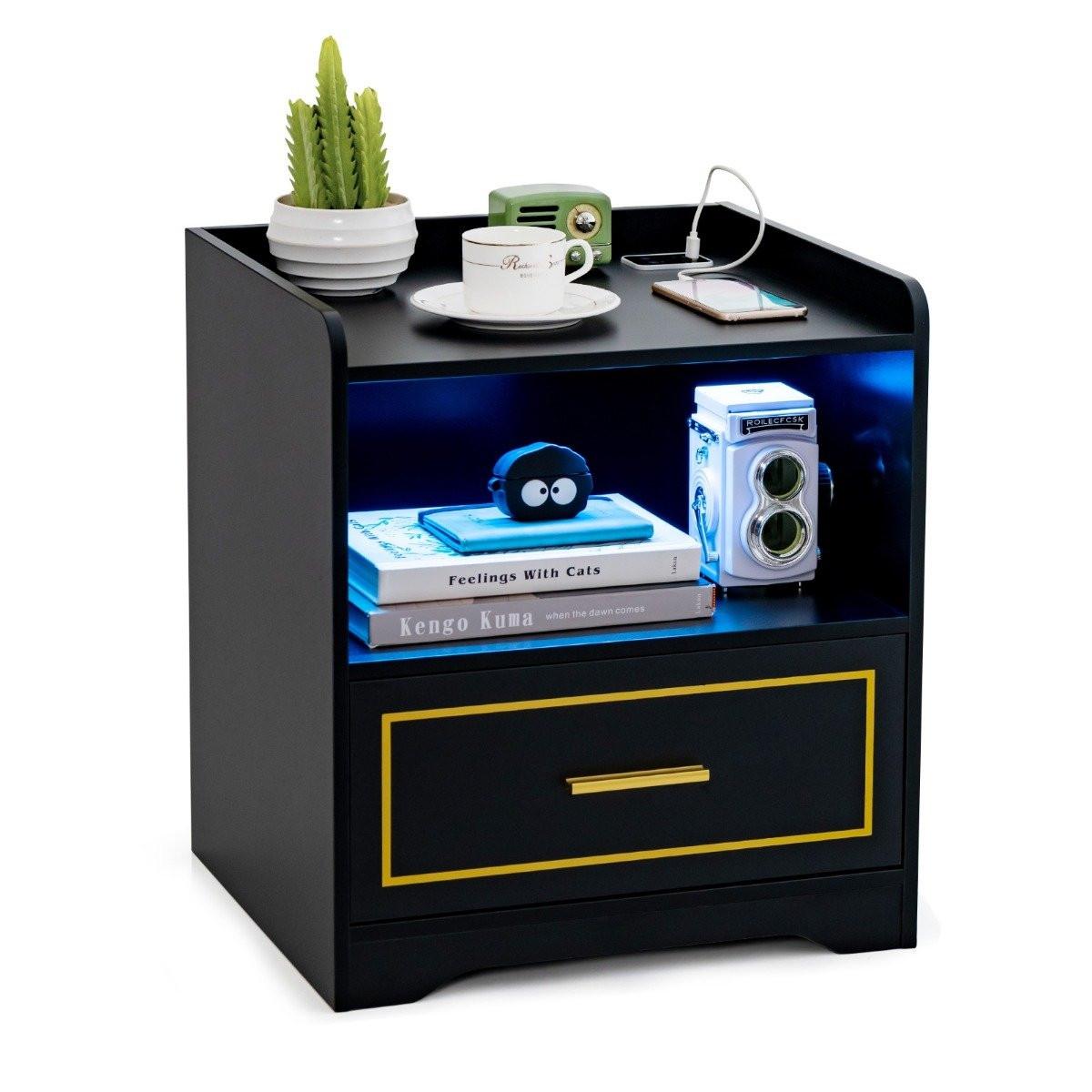 Northix Table de chevet avec lumière LED, port USB et station de charge Type-C, table de nuit avec détecteur de mouvement, noir  