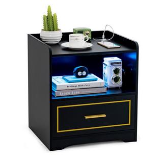 Northix Table de chevet avec lumière LED, port USB et station de charge Type-C, table de nuit avec détecteur de mouvement, noir  
