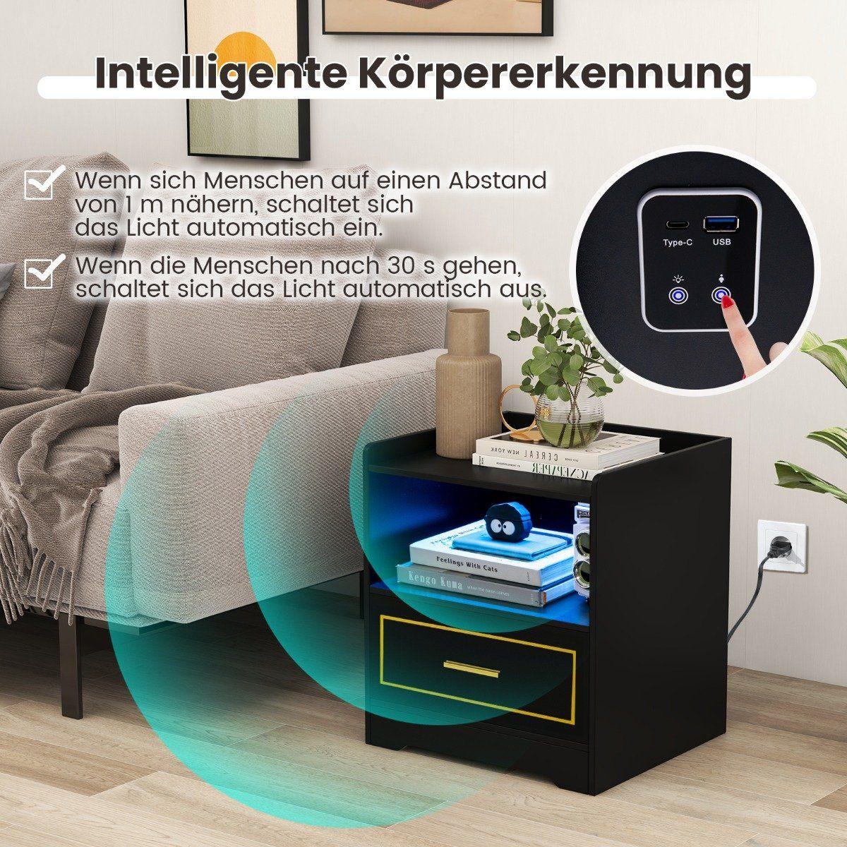 Northix Table de chevet avec lumière LED, port USB et station de charge Type-C, table de nuit avec détecteur de mouvement, noir  