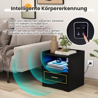 Northix Table de chevet avec lumière LED, port USB et station de charge Type-C, table de nuit avec détecteur de mouvement, noir  