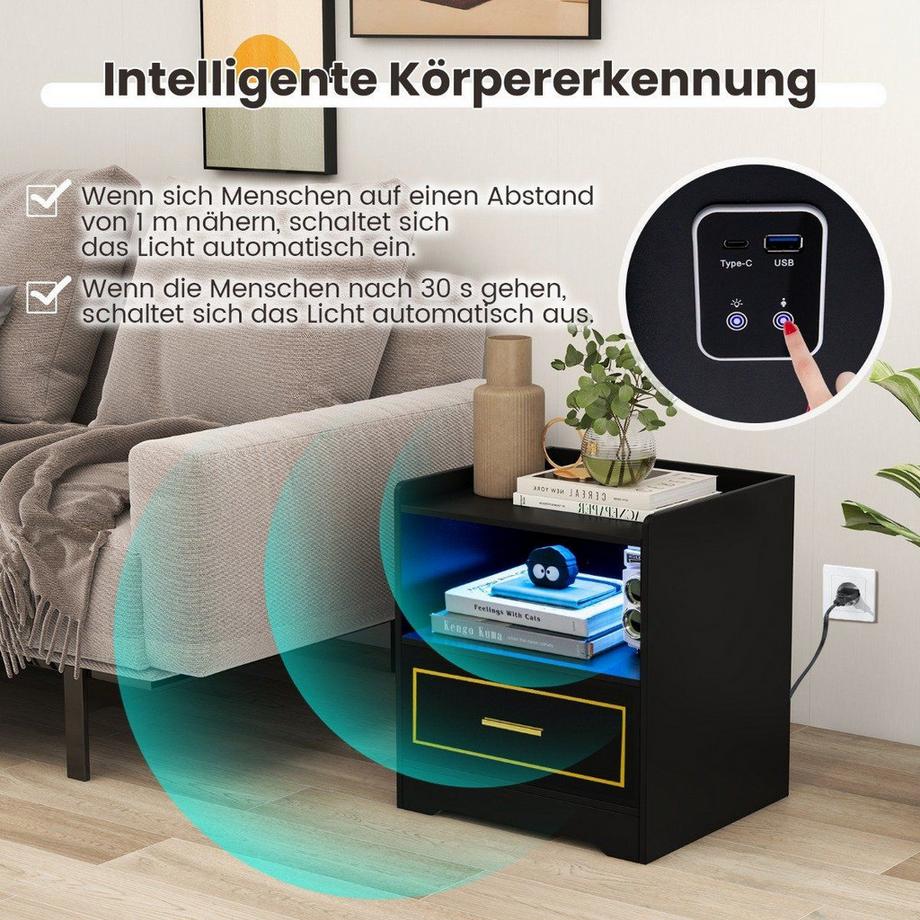 Northix Comodino con luce LED, porta USB e stazione di ricarica Type-C, comodino con sensore di movimento, nero  