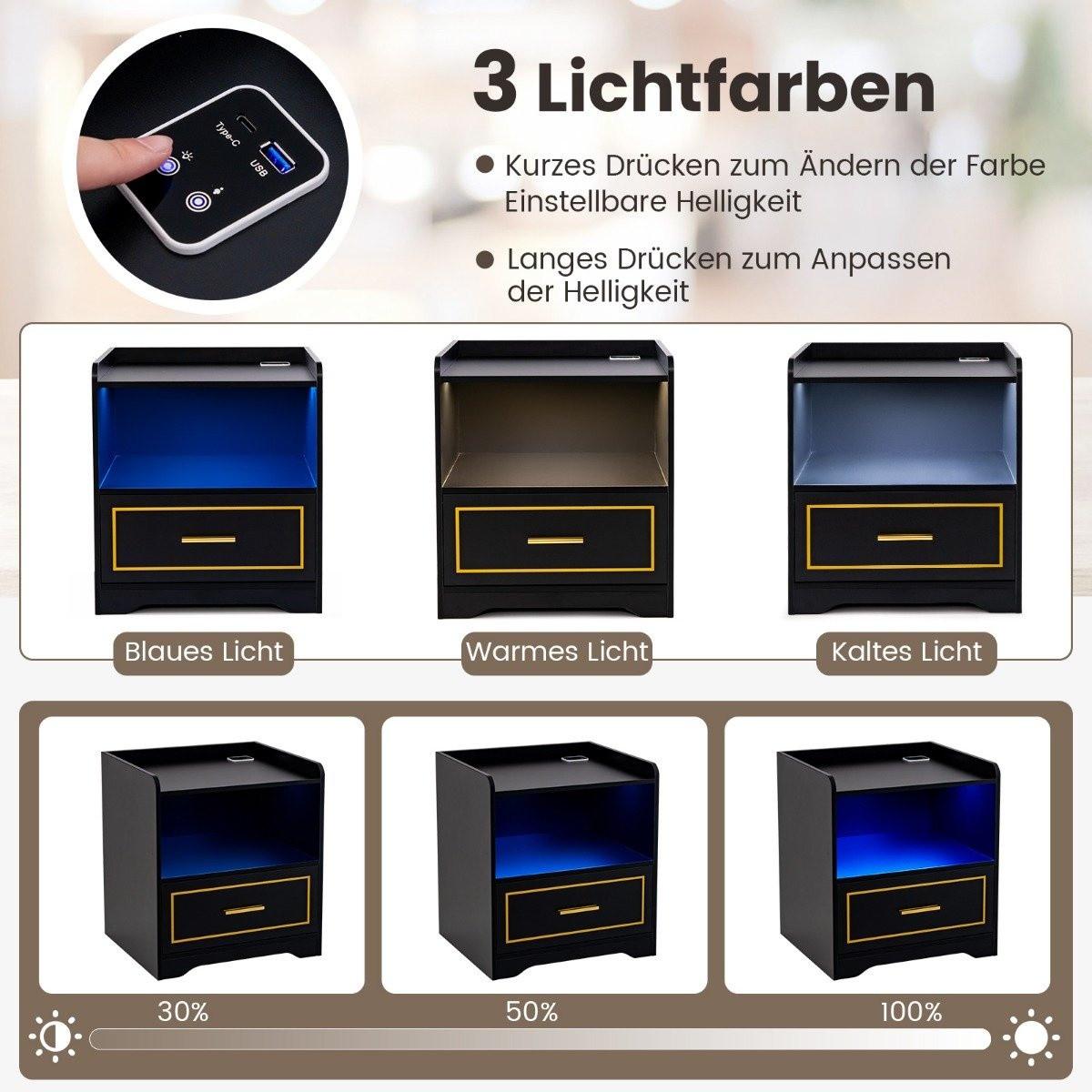 Northix Table de chevet avec lumière LED, port USB et station de charge Type-C, table de nuit avec détecteur de mouvement, noir  