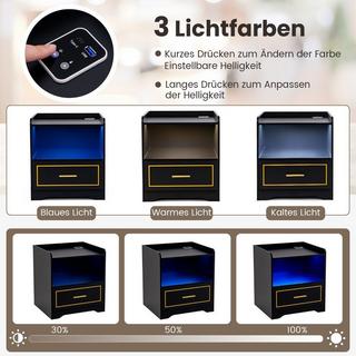 Northix Table de chevet avec lumière LED, port USB et station de charge Type-C, table de nuit avec détecteur de mouvement, noir  
