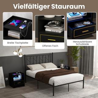 Northix Table de chevet avec lumière LED, port USB et station de charge Type-C, table de nuit avec détecteur de mouvement, noir  
