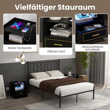 Table de chevet avec lumière LED, port USB et station de charge Type-C, table de nuit avec détecteur de mouvement, noir