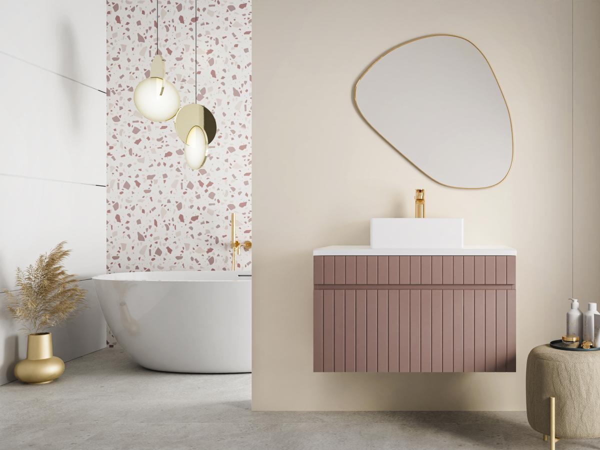 Vente-unique Mobile sotto lavabo sospeso scanalato con piano di appoggio 80 cm Rosa - SATARA  