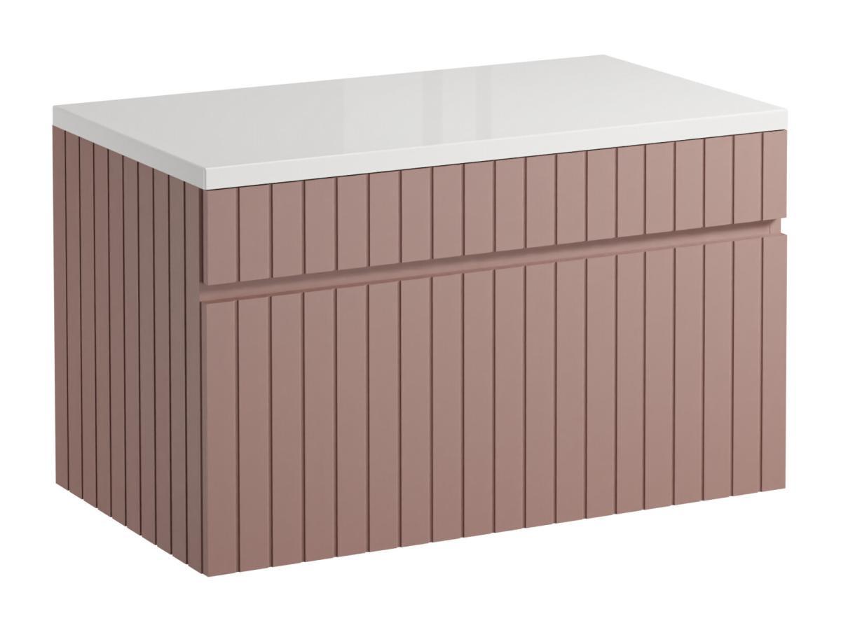Vente-unique Meuble sous vasque suspendu strié rose avec planche - 80 cm - SATARA  