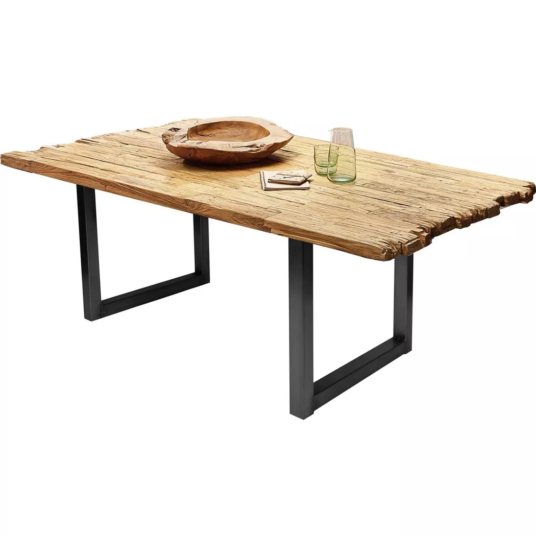 SIT Esstisch "Akron aus recyceltem Teak mit Bruchkante & Metall-Kufengestell" 50 mm starke Teakholzplatte mit markanter Bruchkante