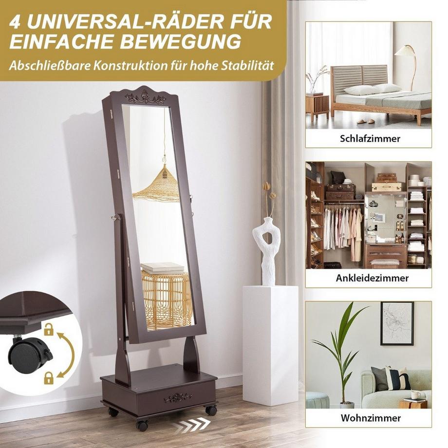 B2X Schmuckschrank Spiegelschrank mit Ganzkörperspiegel & Schubladen & LED Braun  