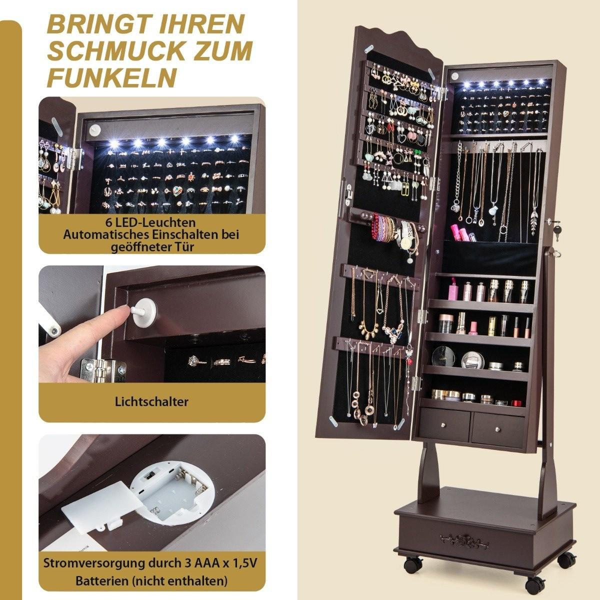 B2X Armoire à bijoux avec miroir pleine longueur, tiroirs et LED marron  