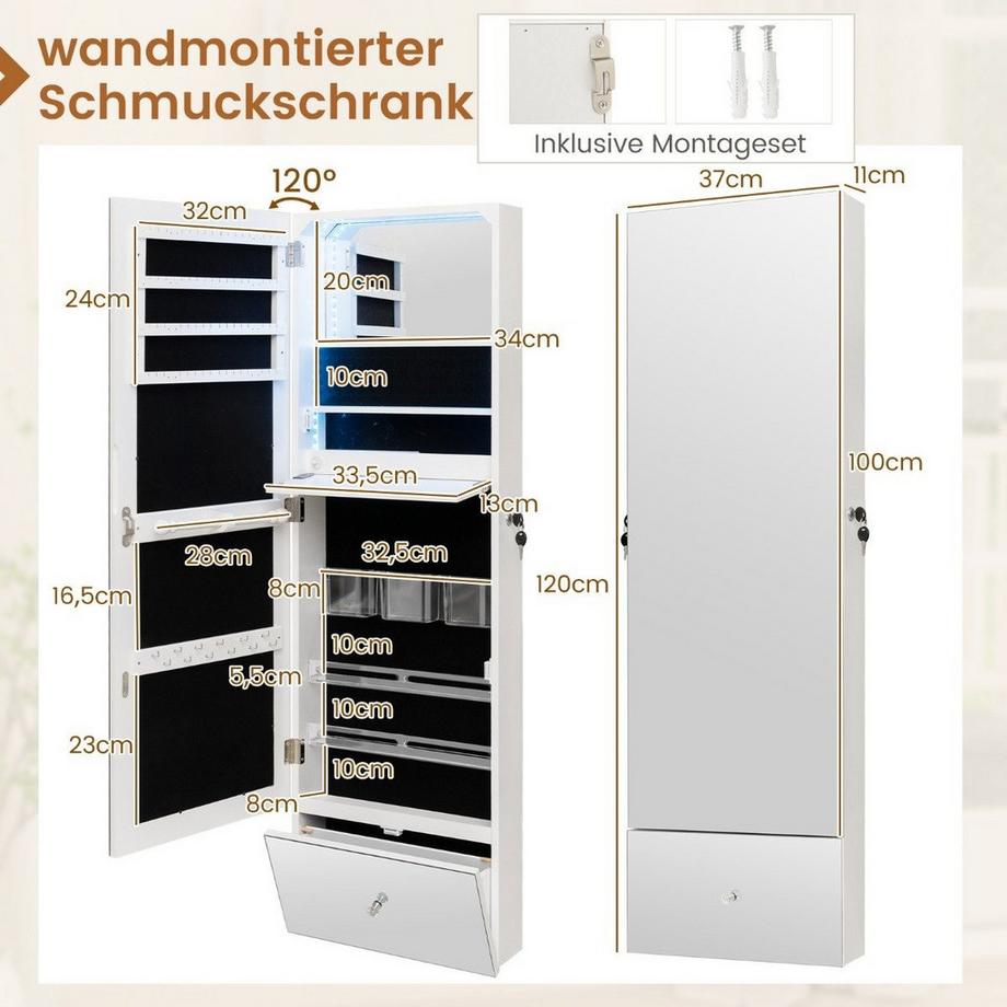 Northix Wandmontierter Schmuckschrank LED  