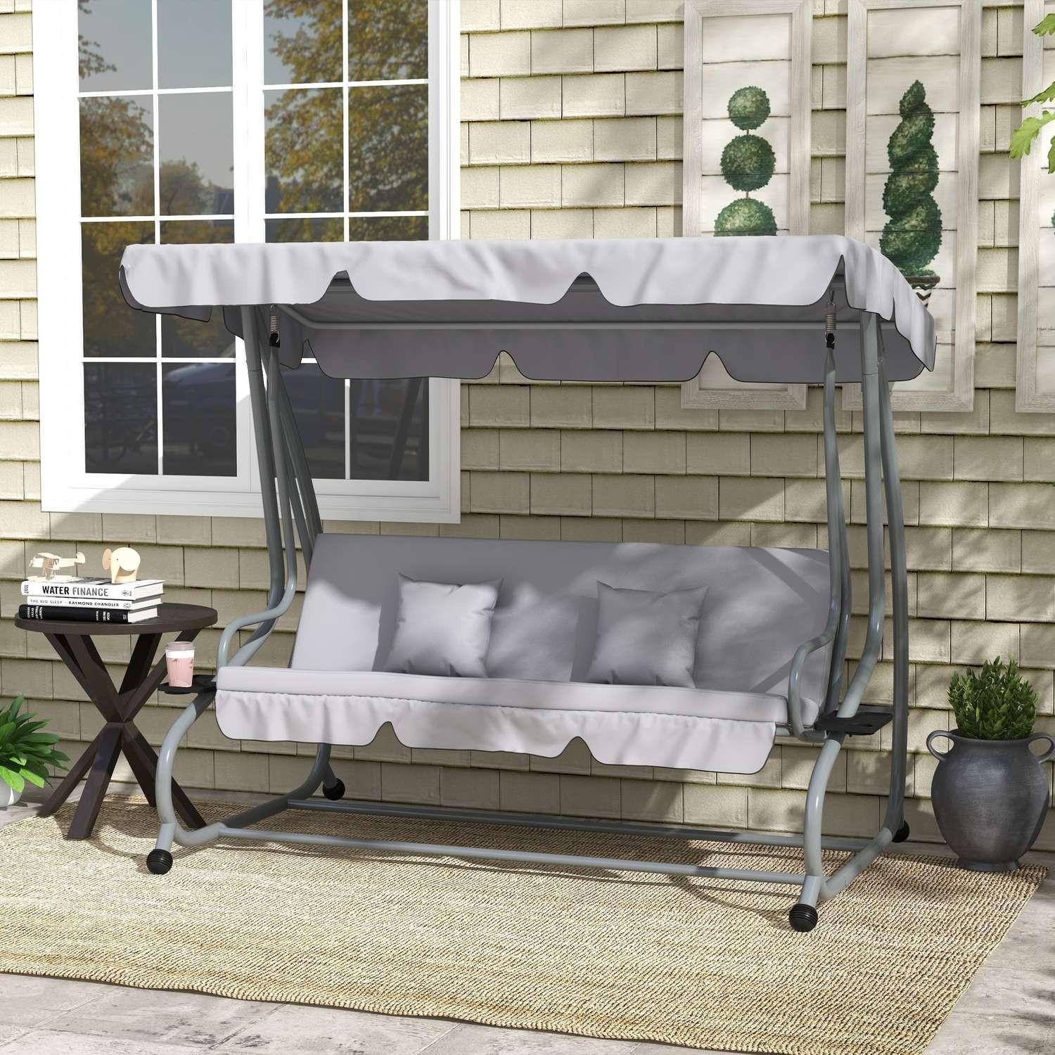 Northio Dondolo da veranda a 3 posti, portata 340 kg, con funzione reclinabile, tetto regolabile, tavolino pieghevole, 200x120x164 cm, grigio chiaro  