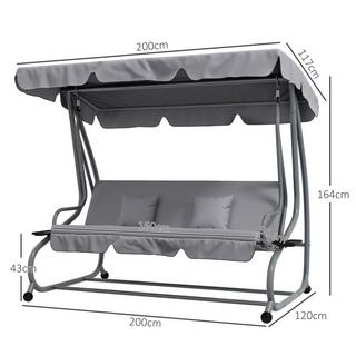 Northio Dondolo da veranda a 3 posti, portata 340 kg, con funzione reclinabile, tetto regolabile, tavolino pieghevole, 200x120x164 cm, grigio chiaro  