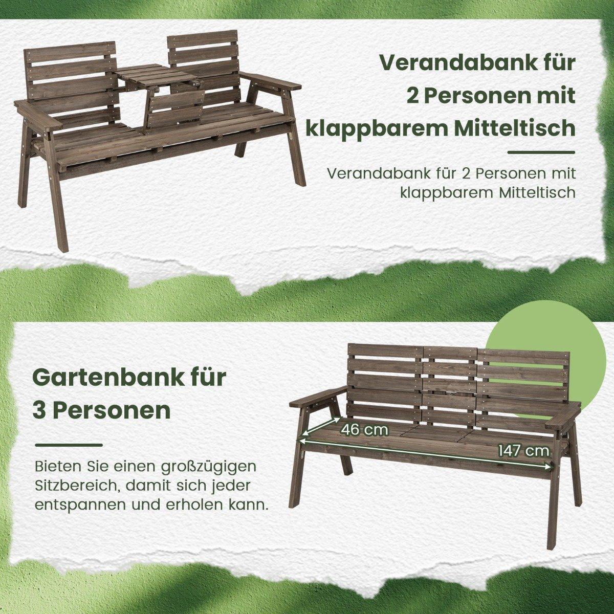 B2X Gartenbank mit Klappbarem Mitteltisch & Rückenlehne Holzbank Tragfähigkeit 320 kg Braun  