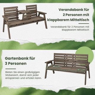 B2X Gartenbank mit Klappbarem Mitteltisch & Rückenlehne Holzbank Tragfähigkeit 320 kg Braun  