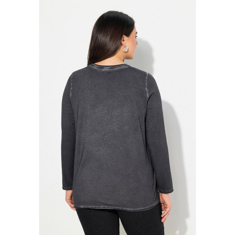 Ulla Popken Cold Dyed Pailletten Herz V-Ausschnitt Langarm Shirt  