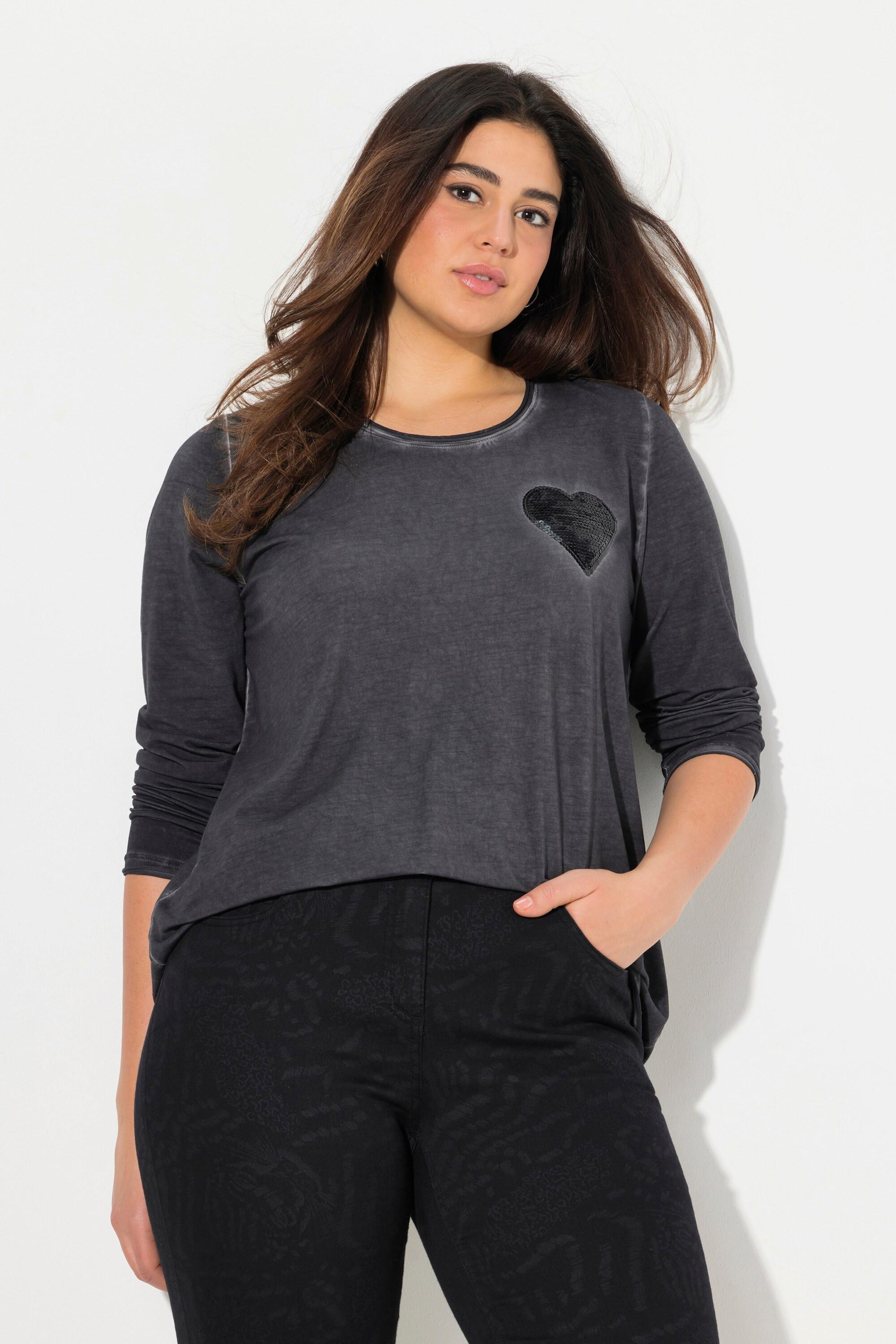 Ulla Popken T-shirt Manches Longues Col V Coeur Paillettes Teinture Froide  