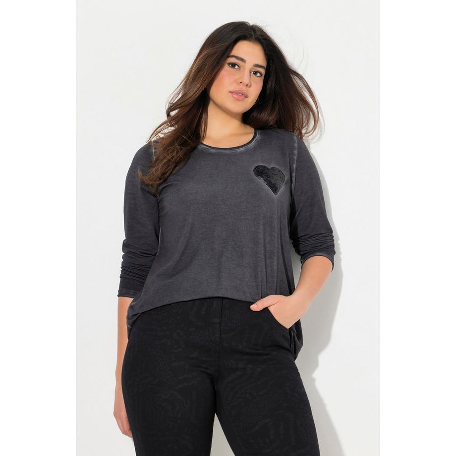 Ulla Popken Cold Dyed Pailletten Herz V-Ausschnitt Langarm Shirt  