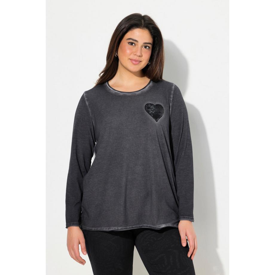 Ulla Popken Cold Dyed Pailletten Herz V-Ausschnitt Langarm Shirt  
