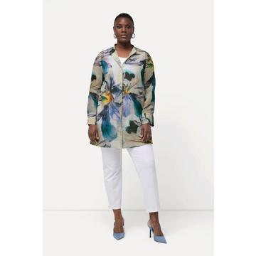 Blusa in ramiè con fiori, collo alla coreana e maniche lunghe