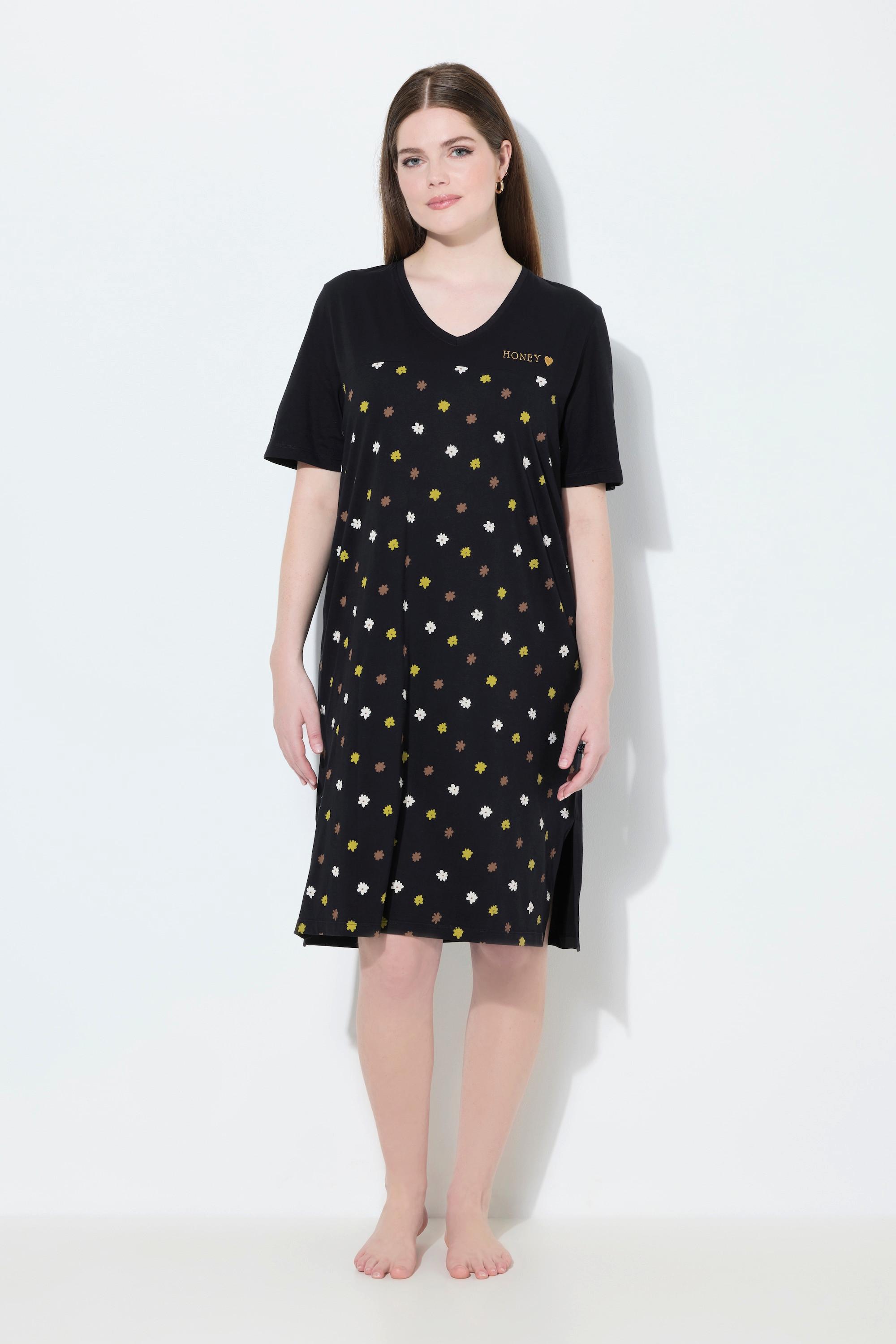 Ulla Popken Camicia da notte fiori ricami scollo a V mezze maniche  