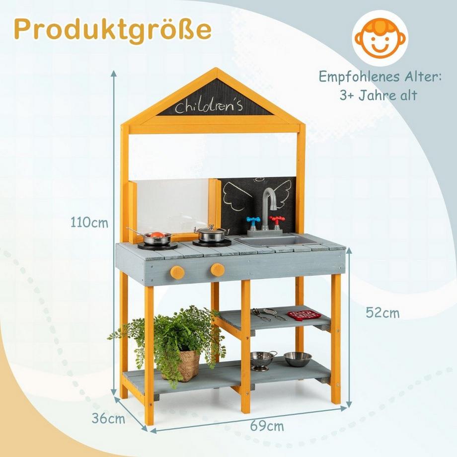 Northix  Matschküche Kinder Outdoor Kinderküche Tannenholz mit Pflanzbehälter & 2 Kreidetafeln & Wasserhahn Blau 