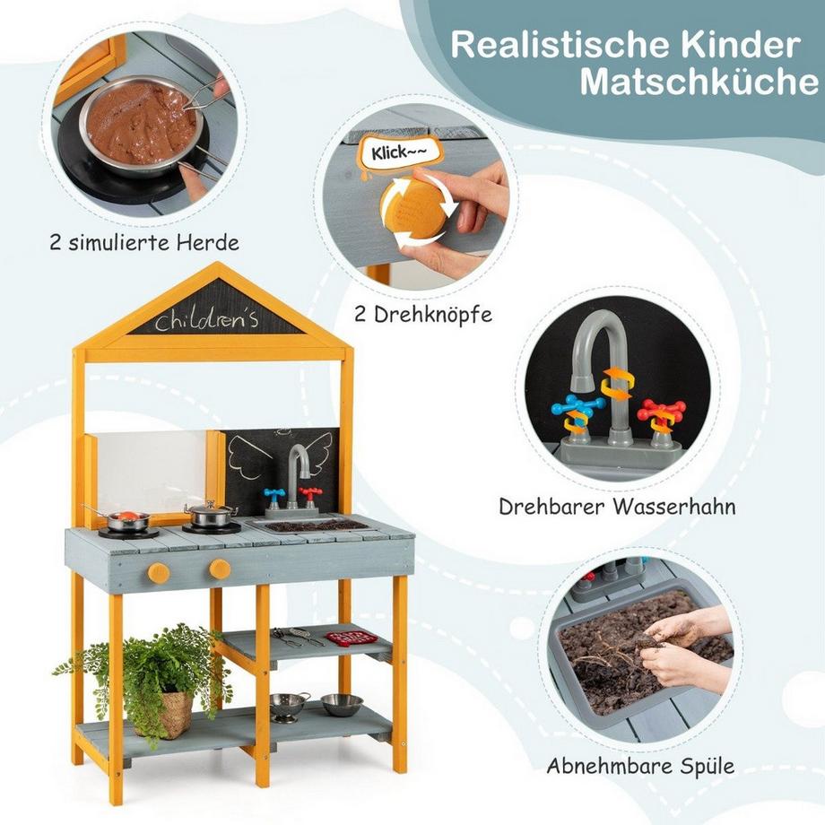 Northix  Matschküche Kinder Outdoor Kinderküche Tannenholz mit Pflanzbehälter & 2 Kreidetafeln & Wasserhahn Blau 