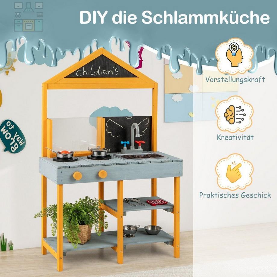 Northix  Matschküche Kinder Outdoor Kinderküche Tannenholz mit Pflanzbehälter & 2 Kreidetafeln & Wasserhahn Blau 